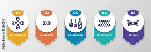 infographic template with thin line icons. infographic for car parts concept. included car wheel brace, car indicator, accelerator, crankshaft, cowl editable vector.