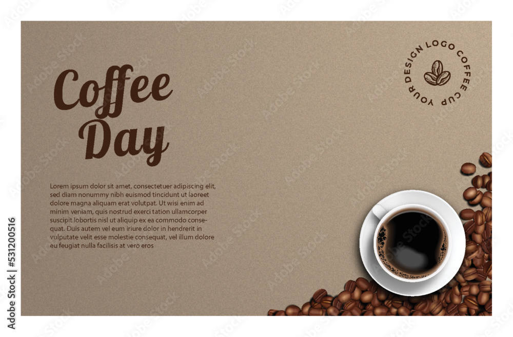 black coffee brown background paper texture style and icon coffee cup 3d realistic illustration.