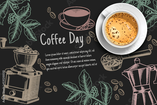 coffee cup on blackboard colorful chalk scribbles ,top view.3d realistic coffee cup background  illustration retro style.