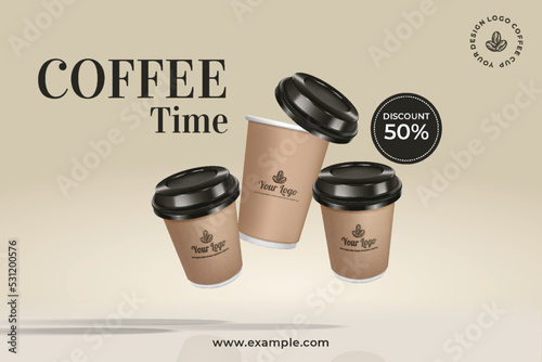 Takeaway coffee ads, paper cup package in 3d illustration realistic.