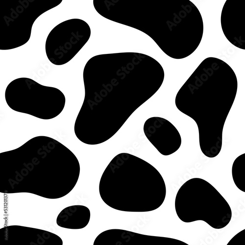 Cow skin seamless pattern. Holstein cattle texture. Cow skin pattern with smooth black and white texture. Dalmatian dog stains print. Black spots background. Animal skin template. Vector illustration