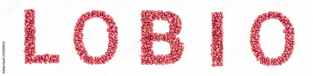 LOBIO headline from red kidney beans. Beans font. White background. Lettering design element LOBIO headline from red kidney beans. Beans font. White background. Lettering design element