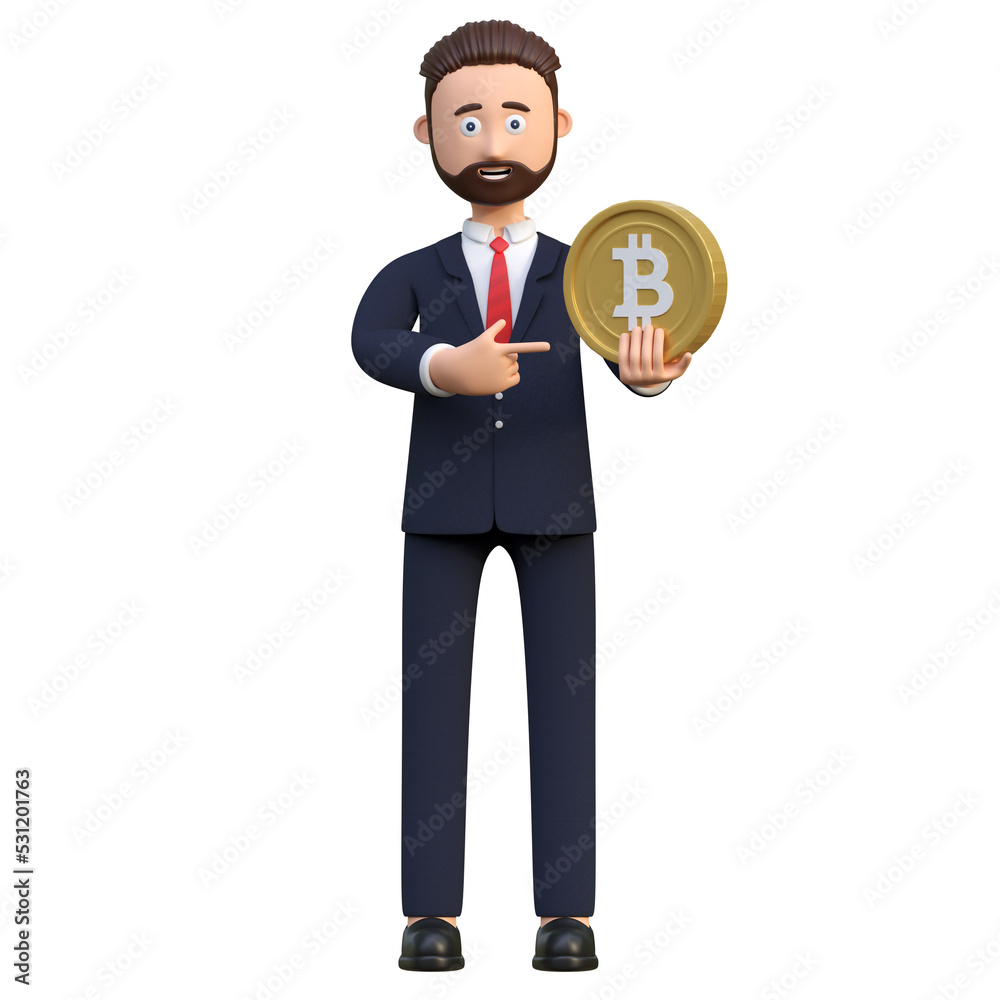 businessman holding bitcoin crypto currency 3d character illustration businessman holding bitcoin crypto currency 3d character illustration