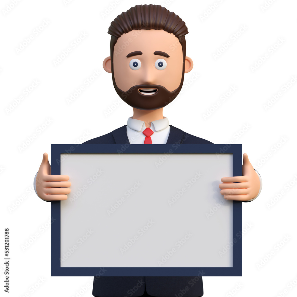 businessman holding blank page board in close up 3d character illustration businessman holding blank page board in close up 3d character illustration