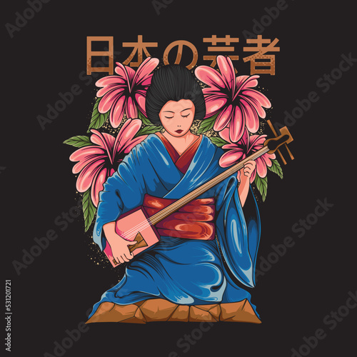 Detailed illustration of Japanese female geisha in kimono