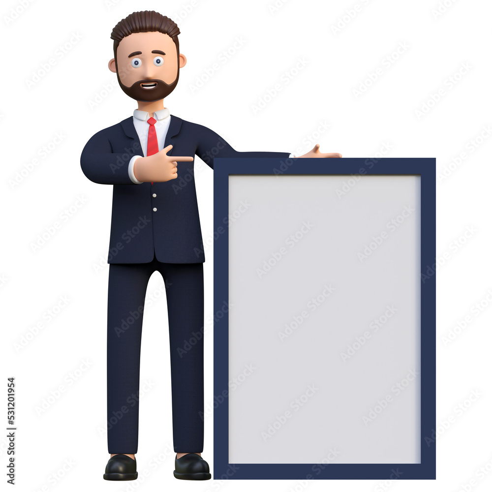 businessman standing beside blank page board 3d character illustration businessman standing beside blank page board 3d character illustration