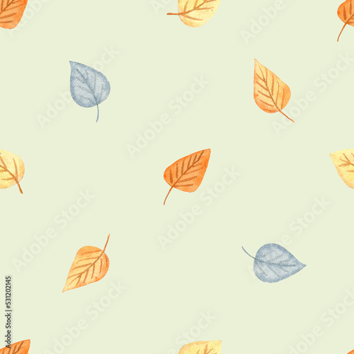 Watercolor pattern seamless with cute simple autumn leaves. Chaldren tiny background. Pastel colors