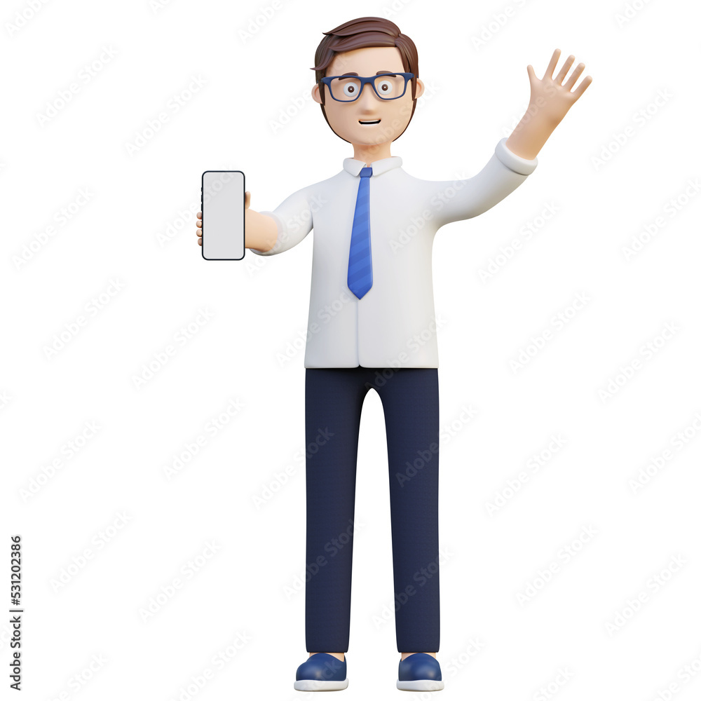 young office worker holding smart phone showing blank screen and waving hand 3d character illustration young office worker holding smart phone showing blank screen and waving hand 3d character illustration