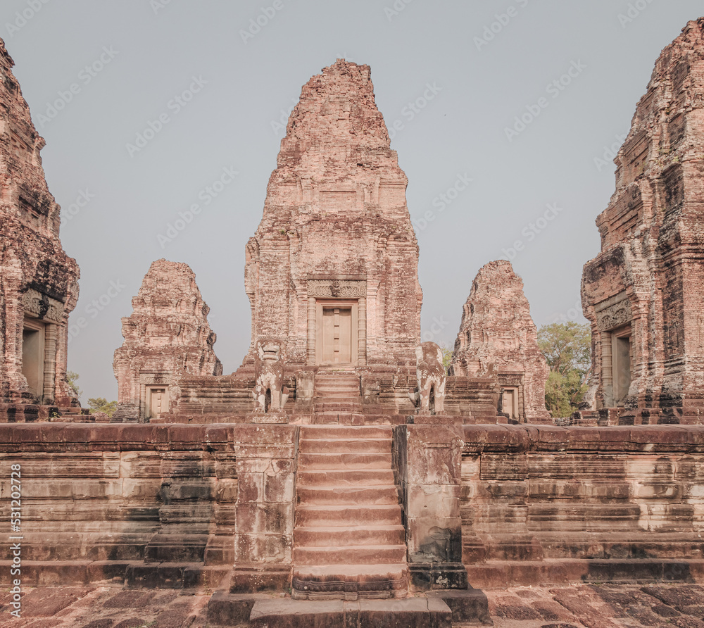 Siem Reap, Cambodia - March 18th, 2020 : Ruins of a temple in Angkor Wat archeological complex
