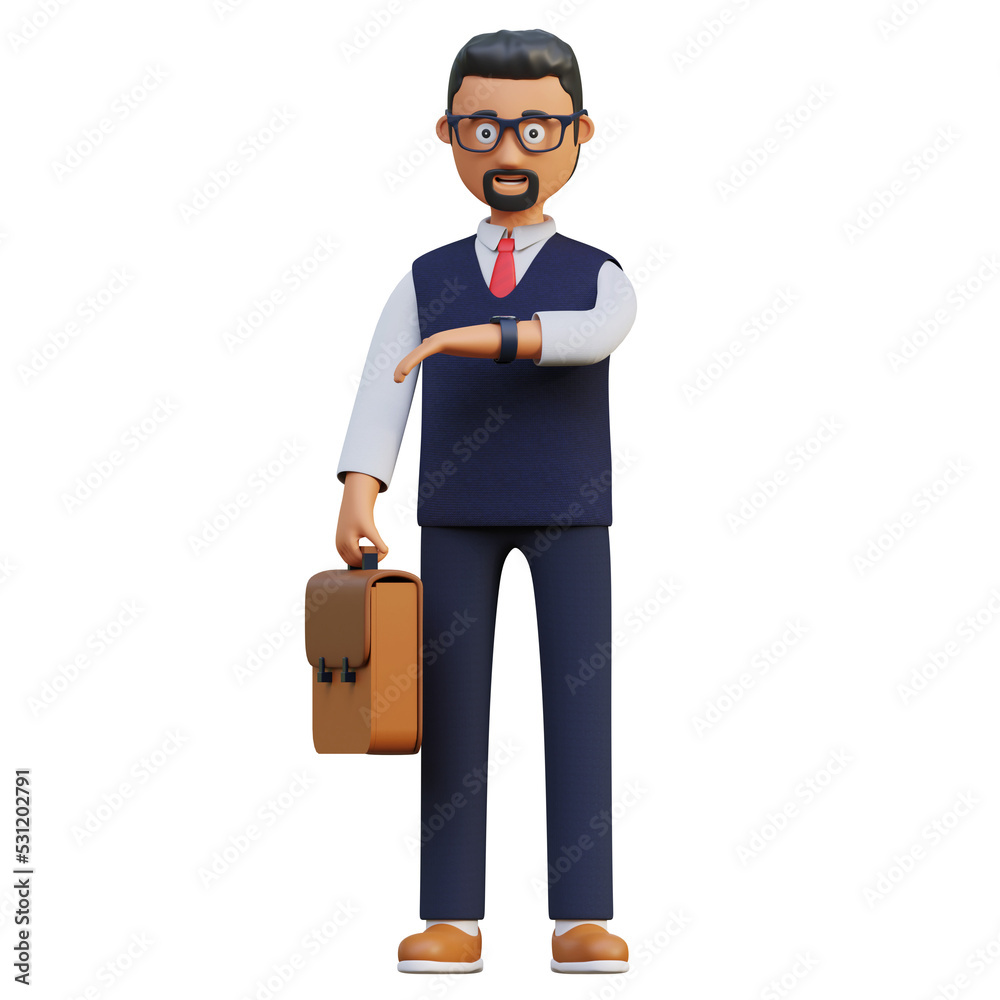 happy businessman carrying suitcase while watching time 3d character illustration happy businessman carrying suitcase while watching time 3d character illustration