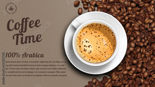 coffee banner ads retro brown style with latte and coffee beans 3d realistic simple.
