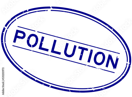 Grunge blue pollution word oval rubber seal stamp on white background