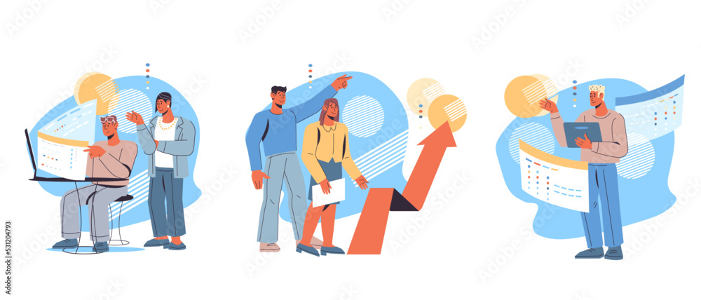 Business concepts set with people taking part in business activities, making strategy of leadership and development, analysing results, flat vector illustration isolated on white background. Business concepts set with people taking part in business activities, making strategy of leadership and development, analysing results, flat vector illustration isolated on white background.