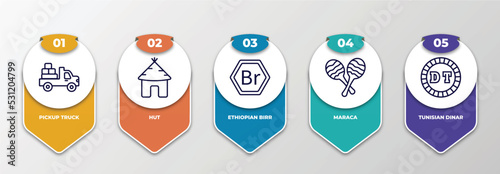 infographic template with thin line icons. infographic for africa concept. included pickup truck, hut, ethiopian birr, maraca, tunisian dinar editable vector.