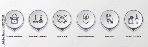 infographic template with outline icons. infographic for woman clothing concept. included female handbag, dangling earrings, bow black, swimsuit feminine, hair iron, liquid eyeliner editable vector.