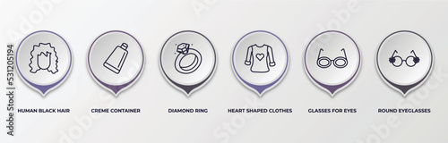 infographic template with outline icons. infographic for woman clothing concept. included human black hair, creme container black, diamond ring, heart shaped clothes, glasses for eyes, round
