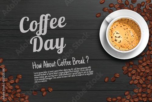 Coffee ads top view black wooden table with coffee cup and coffee beans realistic 3d illustration retro style.