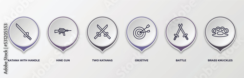 infographic template with outline icons. infographic for weapons concept. included katana with handle, hine gun, two katanas, objetive, battle, brass knuckles editable vector.