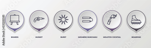 infographic template with outline icons. infographic for weapons concept. included boards, musket, burst, japanese nunchaku, molotov cocktail, boarding editable vector.