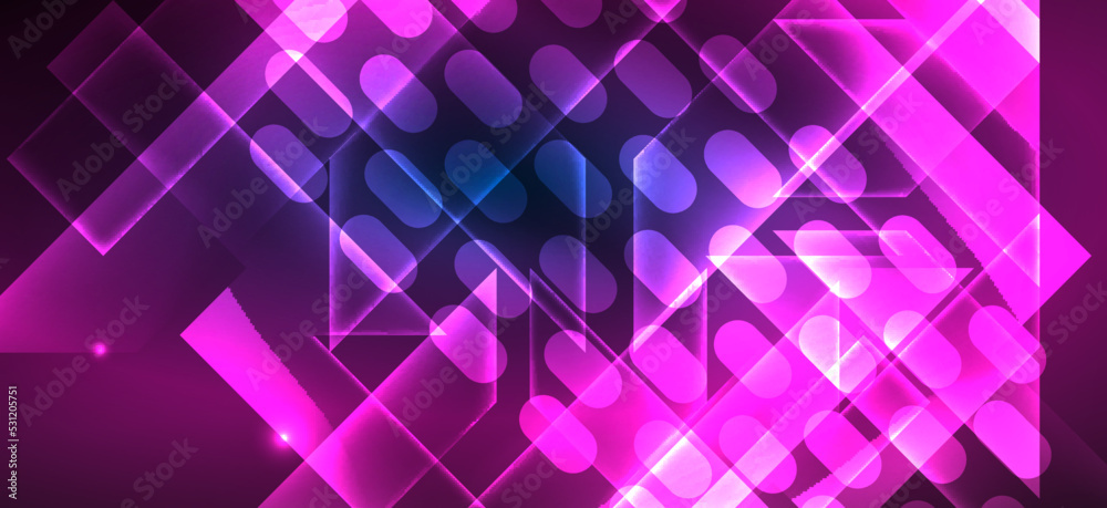 Background neon glowing lines and geometric shapes. Lights in the dark wallpaper for concept of AI technology, blockchain, digital, communication, 5G, science Background neon glowing lines and geometric shapes. Lights in the dark wallpaper for concept of AI technology, blockchain, digital, communication, 5G, science