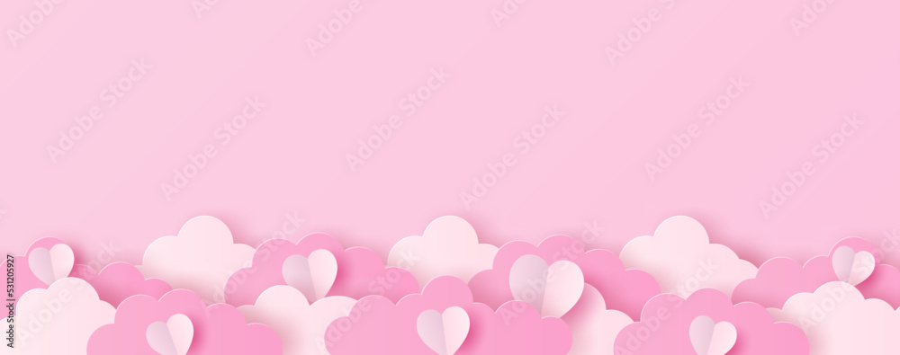 Paper cut of heart shape and clouds on pink background. Valentines background with copy space for your text. Vector illustration