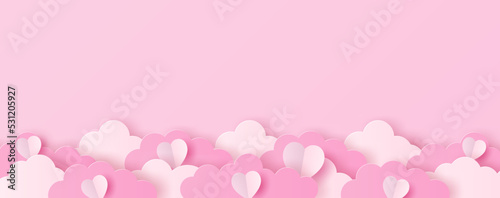 Paper cut of heart shape and clouds on pink background. Valentines background with copy space for your text. Vector illustration © jintana