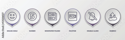 infographic template with outline icons. infographic for user interface concept. included smiling smile, number, newspaper folded, facetime, disable alarm, rubbish editable vector.