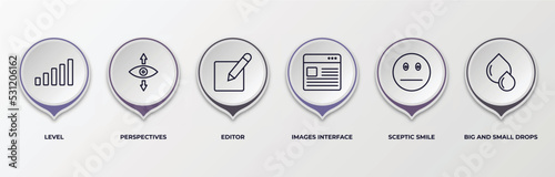 infographic template with outline icons. infographic for user interface concept. included level, perspectives, editor, images interface, sceptic smile, big and small drops editable vector.