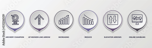 infographic template with outline icons. infographic for user interface concept. included archery champion, up broken line arrow, increasing, reduce, elevator arrows, online gambling editable