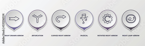 infographic template with outline icons. infographic for user interface concept. included right drawn arrow, bifurcation, curved right arrow, musical, rotated right arrow, loop editable vector.