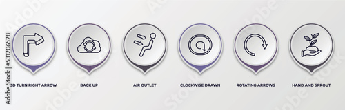 infographic template with outline icons. infographic for user interface concept. included 3d turn right arrow, back up, air outlet, clockwise drawn arrow, rotating arrows, hand and sprout editable