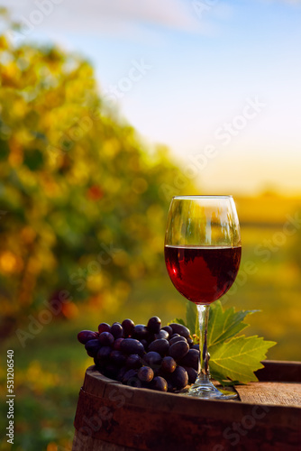 glass of red wine and grape on old wooden barrel