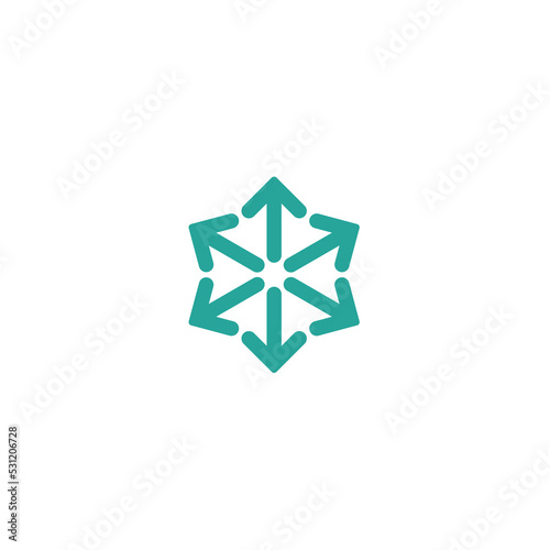 six blue arrows point out from the center. Merge, expand arrows icon.
