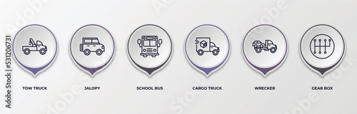 infographic template with outline icons. infographic for transportation concept. included tow truck, jalopy, school bus, cargo truck, wrecker, gear box editable vector. photo
