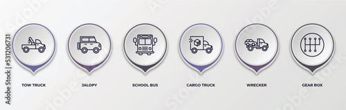 infographic template with outline icons. infographic for transportation concept. included tow truck, jalopy, school bus, cargo truck, wrecker, gear box editable vector.