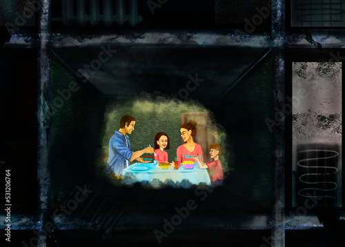 A family eats food in a destroyed house