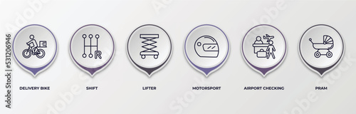 infographic template with outline icons. infographic for transport concept. included delivery bike, shift, lifter, motorsport, airport checking, pram editable vector.