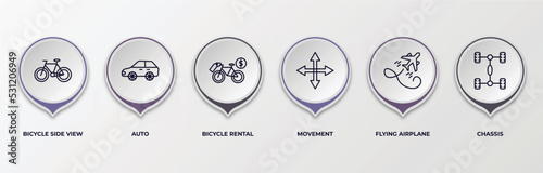infographic template with outline icons. infographic for transport concept. included bicycle side view, auto, bicycle rental, movement, flying airplane, chassis editable vector.