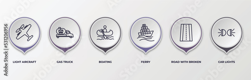 infographic template with outline icons. infographic for transport concept. included light aircraft, gas truck, boating, ferry, road with broken lines, car lights editable vector.