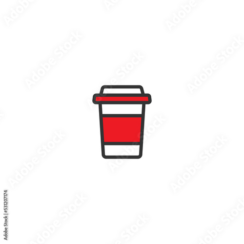 take-out coffee with cap and red cup holder. disposable cardboard cup of coffee. Paper container icon. Isolated on white background. Vector outline Illustration. Fast food winter lunch picrogram.