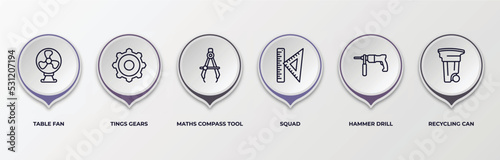 infographic template with outline icons. infographic for tools and utensils concept. included table fan, tings gears, maths compass tool, squad, hammer drill, recycling can editable vector.