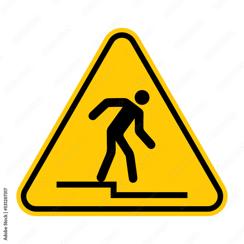 Step down warning sign. Vector illustration of yellow triangle sign with man stepping down. Caution risk of falling symbol isolated on white background. Single-stepped change of level. Step down warning sign. Vector illustration of yellow triangle sign with man stepping down. Caution risk of falling symbol isolated on white background. Single-stepped change of level.