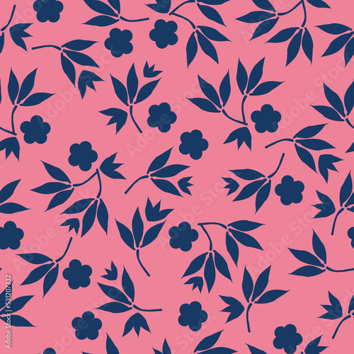Simple vintage pattern. blue  flowers and leaves. pink background. Fashionable print for textiles and wallpaper.