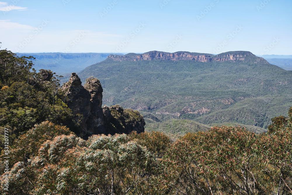 A photograph of the Three Sisters and Jamison Valley in Katoomba, New South Wales, Australia