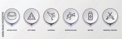 infographic template with outline icons. infographic for sports concept. included hockey puck, left bend, capoeira, waiter falling, batter, medieval fencing editable vector.