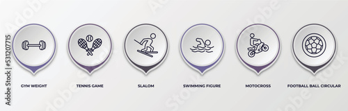 infographic template with outline icons. infographic for sports concept. included gym weight, tennis game, slalom, swimming figure, motocross, football ball circular editable vector.