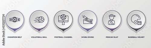 infographic template with outline icons. infographic for sports concept. included champion belt, volleyball ball, football channel, scuba diving, pencak silat, baseball helmet editable vector.