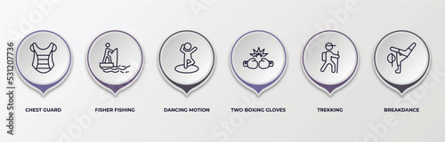 infographic template with outline icons. infographic for sports concept. included chest guard, fisher fishing, dancing motion, two boxing gloves, trekking, breakdance editable vector.