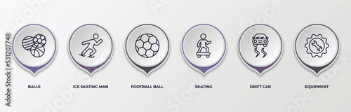 infographic template with outline icons. infographic for sports concept. included balls, ice skating man, football ball, skating, drift car, equipment editable vector.