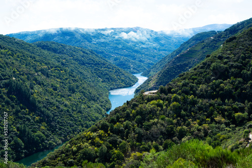 Aerial view of vineyards and Sil river, Ribeira Sacra, Ourense, Galicia, Spain photo